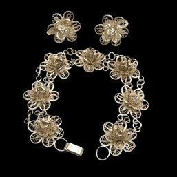 Beautiful Vintage Mexican Sterling Silver Filigree Floral Screw Back Earrings And Bracelet Set