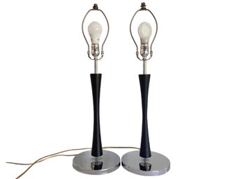 Pair Of Vintage Wood And Chrome Table Lamps