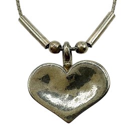 Vintage Sterling Silver Swage Chain Necklace With Heart Pendant And Bead Accent