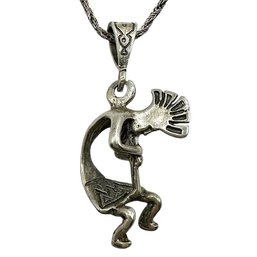 Vintage Italian Sterling Silver Twist Chain Necklace With Native American Kokopelli Pendant