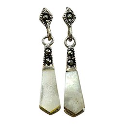 Vintage Sterling Silver Mother Of Pearl Marcasite Dangle Earrings