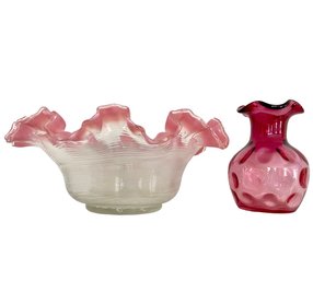 Vintage Cranberry Glass Vase With Ruffled Glass Bowl