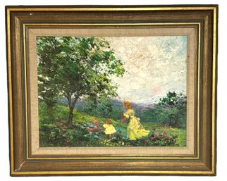 Mid Century Signed Impressionist Oil On Board 'Woman & Daughter In Summer'