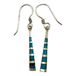 Vintage Sterling Silver Thin Triangle Dangle Earrings With Turquoise Inlay