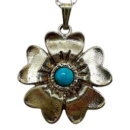 Vintage Sterling Silver Necklace With Flower Pendant And Turquoise Stone Center