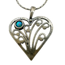 Vintage Israeli Sterling Silver SABRA Fire Blue Opal Stone Heart Pendant Chain Necklace