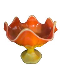 Vintage Fenton Inspired Orange & Yellow Ombre Satin Finish Footed Bowl With Ruffled Tulip Edge