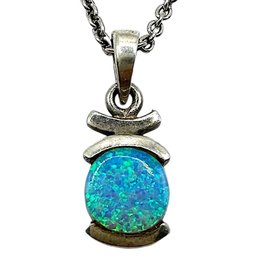 Italian Sterling Silver Rolo Chain Necklace With Fire Blue Opal Pendant