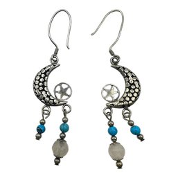 Sterling Silver Moon And Star Dangle Earrings With Beaded Accent