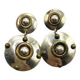 Vintage Mexican Sterling Silver With Vermeil Accents Circle Dangle Earrings