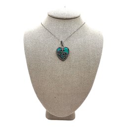 Vintage Sterling Silver Chain Necklace With Turquoise And Marcasite Heart Pendant