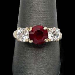 Vintage Sterling Silver Ruby And Clear Stones Ring, Size 10