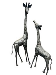 Fabulous Pair Of Ebonized Metal Giraffe Statues