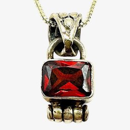 Sterling Silver Box Chain Necklace With Garnet Gemstone Accent Pendant