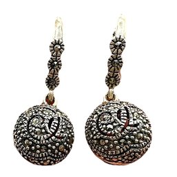 Vintage Sterling Silver Marcasite Ball Dangles With Heart Accents