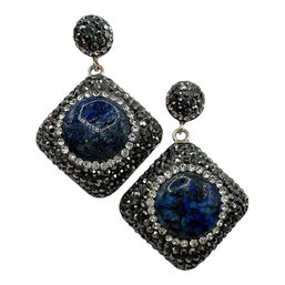 Beautiful Sterling Silver Sparkle Black Gemstone And Lapis Stone Dangle Earrings