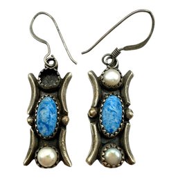 Vintage Native American RUNNING BEAR Sterling Silver Pearl And Denim Lapis Dangle Earrings