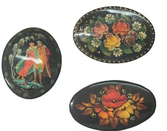 Vintage Artisan Hand Painted Lacquer Russian Pins - 3 Pieces