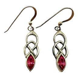 Vintage Sterling Silver Celtic Knot Dangle Earrings With Pink Gemstone Accent