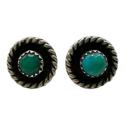 Vintage Sterling Silver Stud Earrings With Turquoise Stone Center