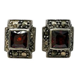 Vintage Sterling Silver Garnet Stone Marcasite Stud Earrings