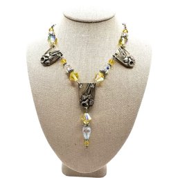 Vintage Sterling Silver Long Cable Chain With Daffodil And Yellow Beaded Accents