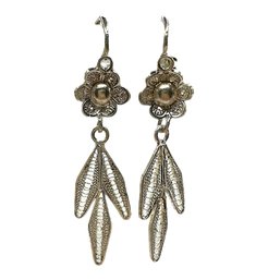 Vintage Sterling Silver Flower And Leaf Dangle Earrings