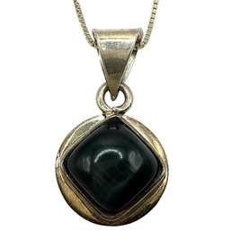 Italian Sterling Silver Box Chain Necklace With Mexican Chunky Onyx Stone Pendant