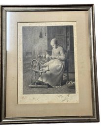 Signed Antique 'Spinning Wheel' Engraving By Jean Francois Millet