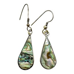 Vintage Mexican Alpaca Silver Teardrop Abalone Shell Dangle Earrings