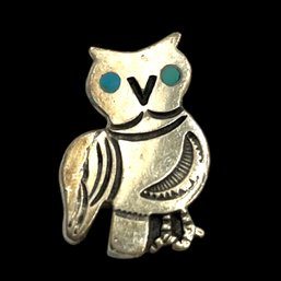 Vintage Sterling Silver Turquoise Eyes Owl Brooch