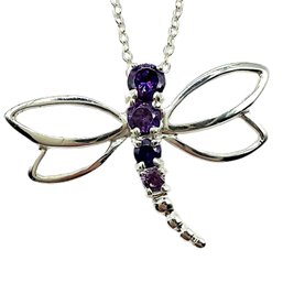 Sterling Silver Cable Chain Necklace With Purple Gemstone Dragonfly Pendant