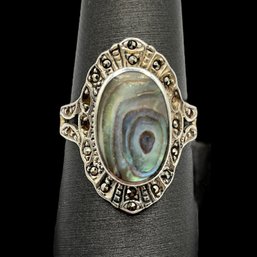 Vintage Sterling Silver Large Ornate Abalone Ring, Size 8.5