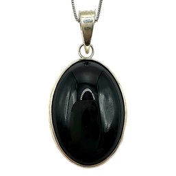 Vintage Turkish Sterling Silver Box Chain Necklace With Chunky Oval Black Onyx Pendant