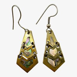 Vintage Mexican Alpaca Silver Abalone Shell Inlay Dangle Earrings