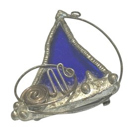 Modernist Blue Glass And Silver Sailboat Pin