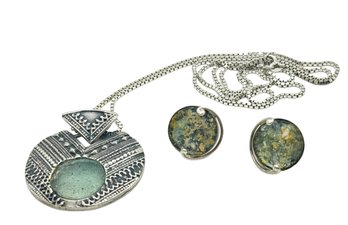 Sterling Silver And Roman Glass Neckpiece And Pierced Earrings - Baltinester Brothers