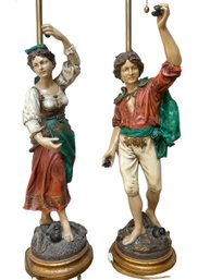 Impressive Pair Of Vintage Figural Chalkware Lamps By Marbro Lamp Co.