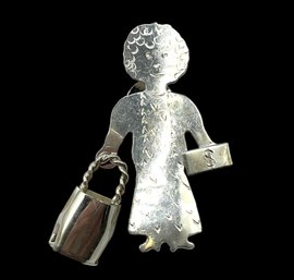 Vintage Sterling Silver Woman With Money And Purse Brooch