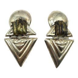 Vintage Large Mexican Sterling Silver Triangle Clip On Earrings