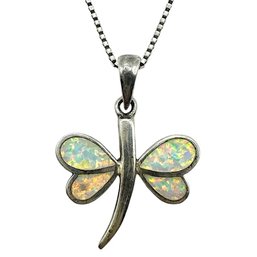 Beautiful Vintage Italian Sterling Silver Box Chain With Opal Dragonfly Pendant Necklace