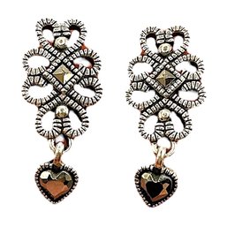 Sterling Silver Art Deco Stud Earrings With Marcasite Dangle Heart Accent