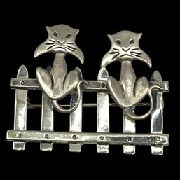 Vintage BEAU Sterling Silver Cats On A Fence Brooch