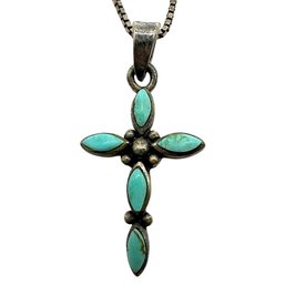 Vintage Italian Sterling Silver Box Chain Necklace With Needle Point Turquoise Stone Cross Pendant