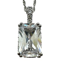 Sterling Silver Rope Chain Necklace With Clear Rectangular Gemstone Pendant