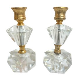 Vintage Brass & Stacked Cut Glass Candle Holders