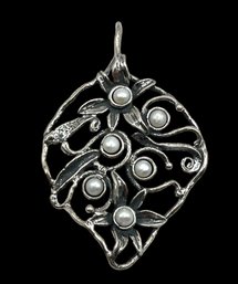 Vintage Sterling Silver Large Leaf Pendant With Pearl Accents