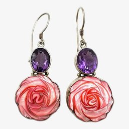 Vintage BC Designer Sterling Silver Amethyst Stone With Rose Dangle Earrings