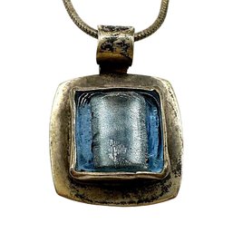 Vintage Italian Sterling Silver Round Snake Chain Necklace With B. SUCHERMAN Square Aquamarine Stone Pendant