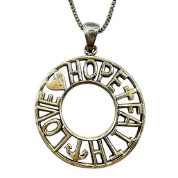 Italian Sterling Silver Box Chain Necklace With Faith Hope Love Pendant